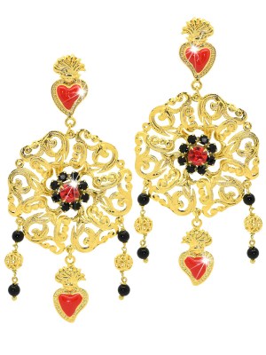 Orecchini in filigrana color giallo sacro cuore smaltato pietre strass nere rosse